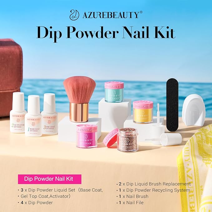 AZUREBEAUTY Dip Powder Nail Kit Starter, 4 Colors Pink Yellow Blue Glitter Dipping Powder Liquid Set Recycling Tray with Base & Top Coat Activator for French Fingernail Art Manicure Salon DIY at Home