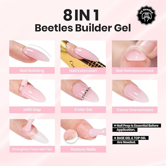 Beetles Builder Gel HEMA-Free,Nail Protection Trio Set 3 Pcs 8 in 1 Nail Strengthening Apex Building Extension for Beginner DIY Salon at Home,Clear Gel Builder with Base & Top Coat,UV & LED Cured