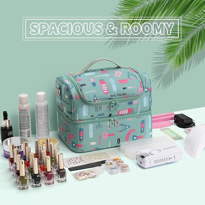 Nail Polish Organizer Case - Holds 45-90 Bottles & UV Nail Lamp, Nail Tech Organizers And Storage Bag for Nail Supplies & Manicure Kit & Pedicure Tools, Nail Technician Case (Cartoon Green, 45 Slots)