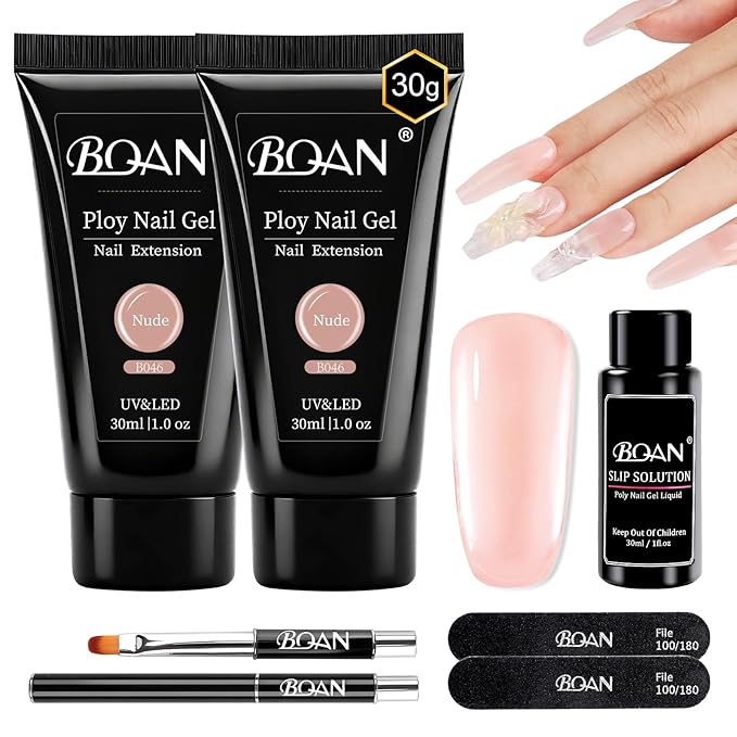 BQAN Poly Nail Gel, 2 Pcs Poly Extension Gel (30ml) with Slip Solution & Brush, for Long-Lasting Nail Extensions | Builder | Salon-Quality DIY & Home Use (Nude)