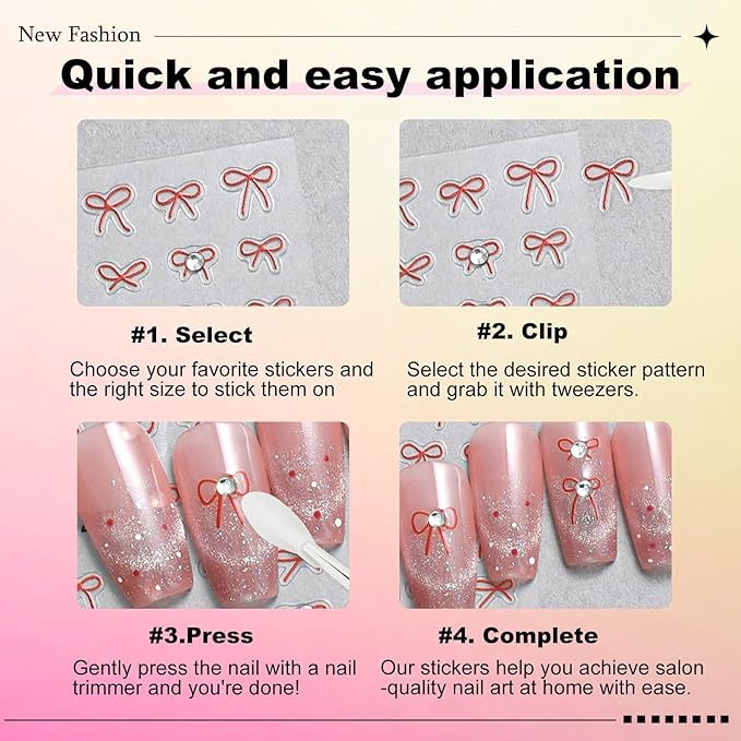 5 Sheets Bow Nail Sticker 3D Embossed Self-Adhesive Color Bow Art Nails Decals 5D Design Stickers Supplies for Women Girls Manicure Decoration 807-19