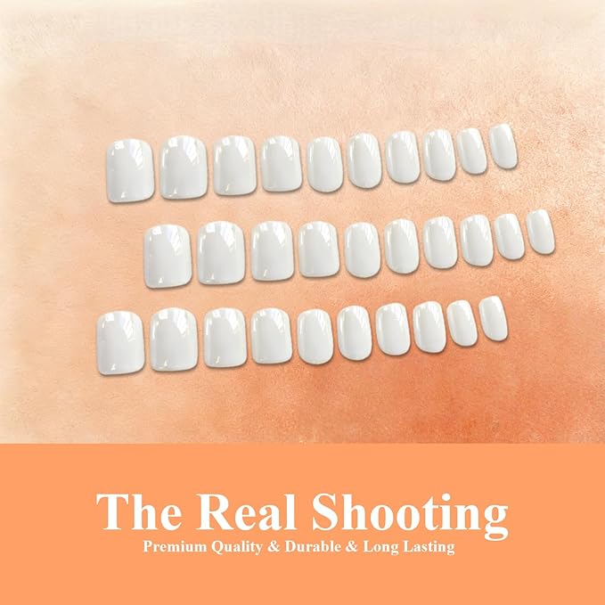 Chrome Milky White Press on Nails Short Square, Glazed Short Fake Nails with Sparkle Mirror Design, Shiny Glitter Glue on Nails with Glue, Cute Gel Nail Press ons for Fingernail 30 Pcs