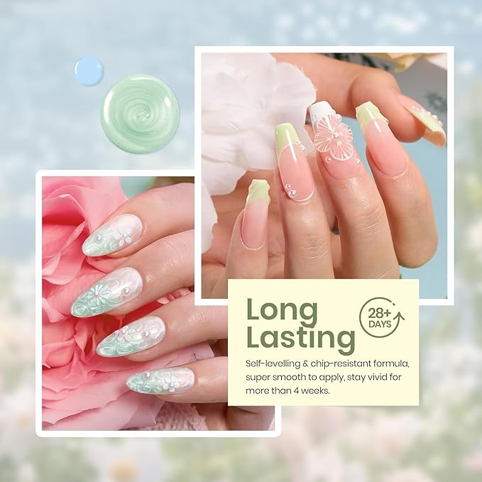 Beetles Spring Gel Nail Polish Set - 6 Colors Pastel Scenery By the Lake Soak Off UV LED Gel Polish Pink Green Yellow Drawing Swirl Shell Thread Effect Nails DIY Manicure Easter Gifts for Women