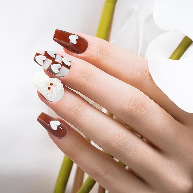 Fake Nails Set Brown White Long Medium Square Cute 3D Bear Love False Nail Tips, Press On Nails, Artificial Art Nails Finger Manicure for Women and Girls(CDJ0003-S)