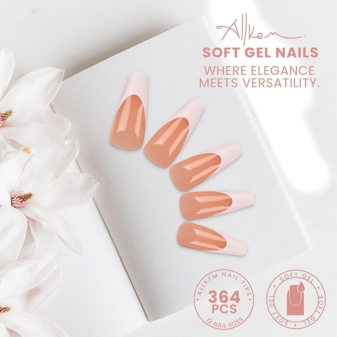 Allkem Soft Gel Nail Tips - 360 pcs XL French Ballerina Nail Extensions Kit - 12 Sizes Extra Long Full Cover Nails - Neutrals - Bold (360 Pieces)