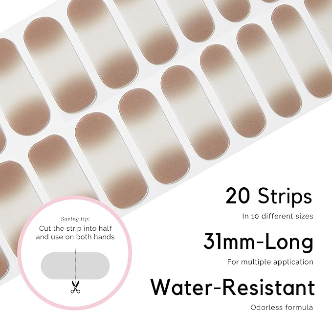 NAILOG Semi Cured Gel Nail Strips (20 Extra Long Polish Stickers/Wraps) │ Glossy & Long Lasting Soft Gel Finishing (Caffe Latte)