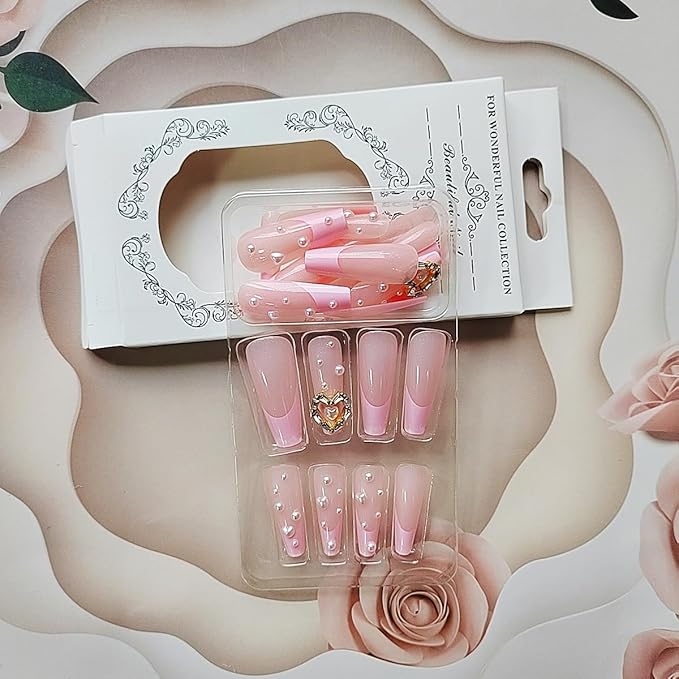 Pink French Tip Press on nails Long Coffin Fake Nails Acrylic Nails with Love Nail Charms Design Fashion Romantic Pearl Valentine's Day Nail Decoration for Nails for Women and Girls 24 Pcs