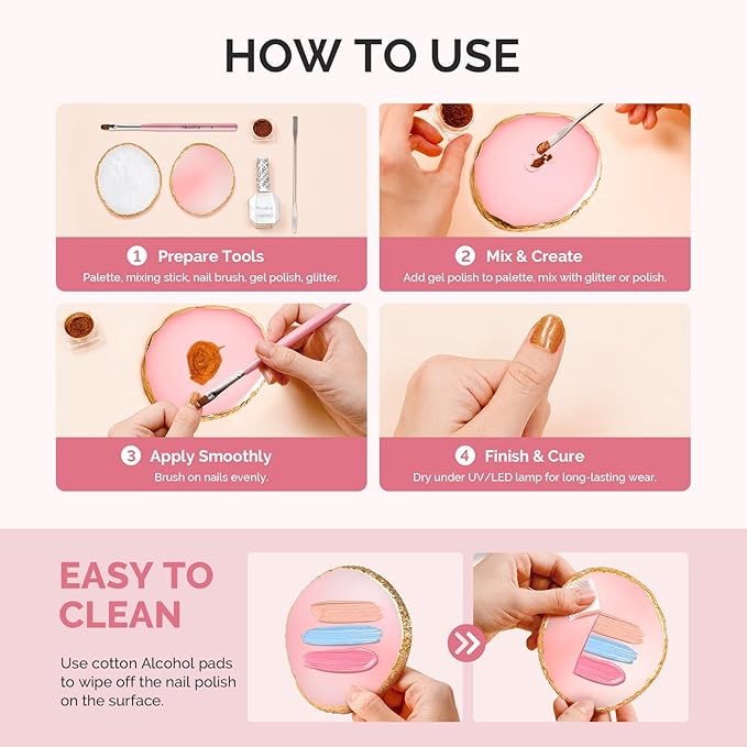 MelodySusie 2PCS Round Shape Resin Nail Art Palette Set with Stainless Steel Mixing Stick, Professional Color Mixing Board for Gel Polish, Acrylics, Pigment Blending, Salon and DIY Makeup Tool
