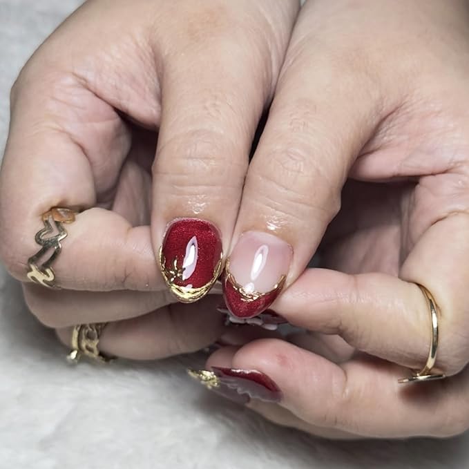 Press on Nails Short Almond Fake Nails Red Artificial Nail 3D Flowers Stick on Nail for Women 24pcs
