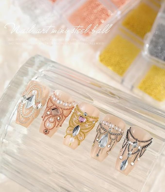 12 Grids Art Charms Metal Beads 3D Caviar Small Steel Ball Nail Accessories Nail Art Metal Mini 3D Mixed Sizes DIY ons Accessories (Black and Gold