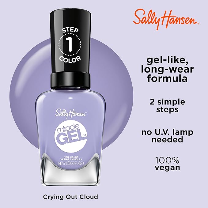 Sally Hansen Miracle Gel Salon Quality Nail Polish | Gel-Like Formula, Two-Step System, No UV Light Needed, Long Lasting | Opaque, Glossy | 601 Crying Out Cloud | Blue Lavender Nail Color