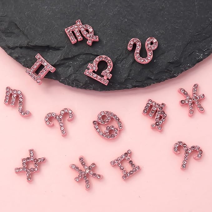 24 Pieces Pink Alloy Zodiac Nail Charms Zodiac Sign Charms for Nails Twelve Constellation Words Charms Virgo Leo Aries Taurus Gemini Capricorn Zodiac Nail Charms for Women Nail Art Decoration