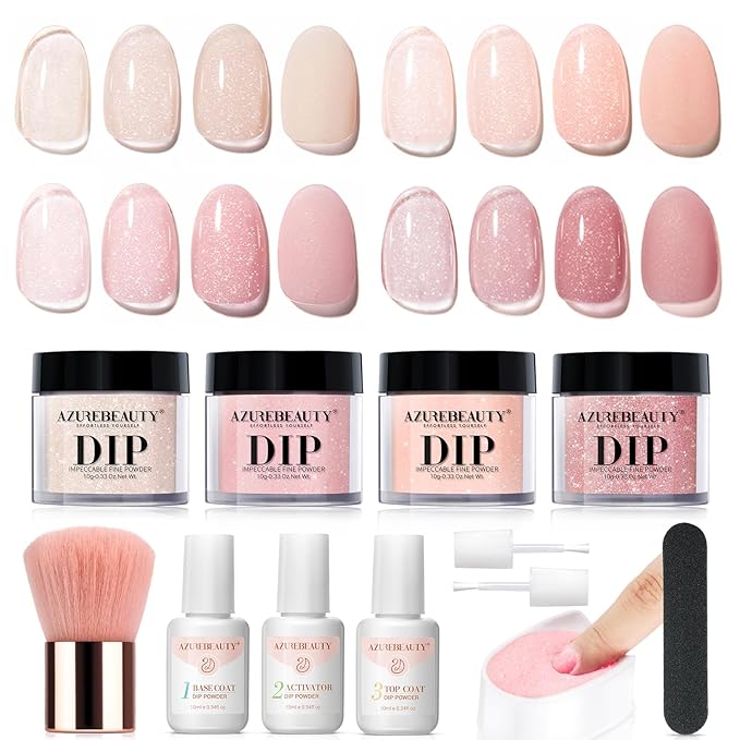 AZUREBEAUTY Jelly Dip Powder Nail Kit, Transparent Glitter Nude Pink Sheer Peach Neutral 4 Colors Dipping Powder Liquid Set with Base/Top Coat Activator for French Nail Art Manicure DIY Home Gifts