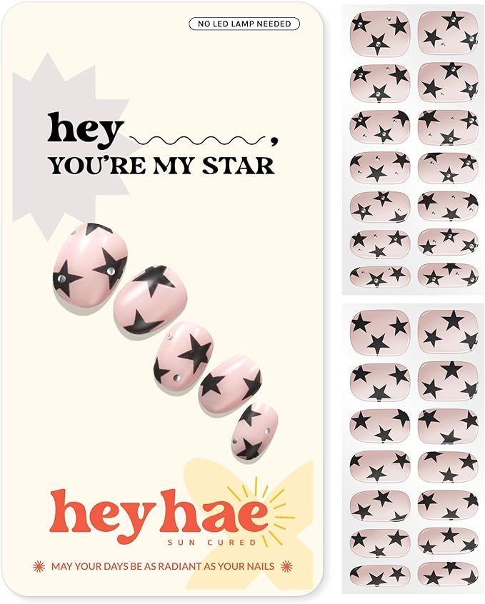 Heyhae Semi Cured Gel Nail Strips | No LED Lamp Needed | Glitter, Pink, Spring | Easy Apply & Remove, Salon Quality | Includes 28 Strips, 1 Prep Pads, Nail File & Wooden Stick - Hey, You’re My Star