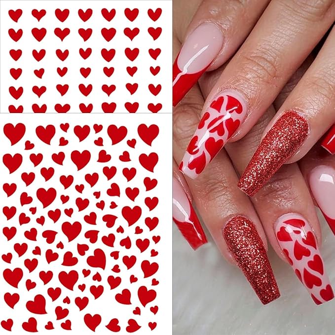 8 Sheets Red Heart Nail Art Stickers Romantic Valentines Nail Stickers 3D Self-Adhesive Love Lips Crown Nail Design Decals French Tip Nails Art Supplies for Women Holiday Decor Valentine Manicure Set