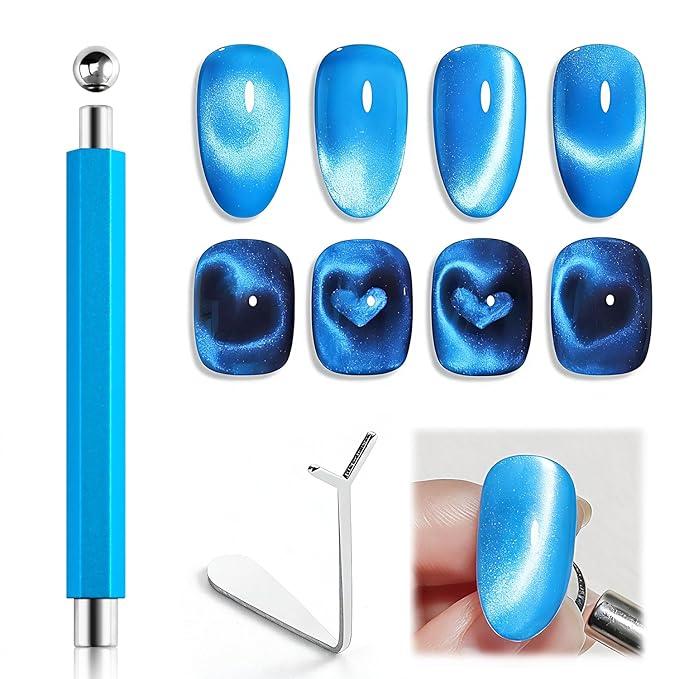 3-in-1 Cat Eye Nail Magnet Tool with Heart Magnet, Double-Ended Cylindrical & Ball Magnets for Cat Eye Gel Polish Glass Bead Nail Effects Manicure Supplies imanes para uñas (Blue)