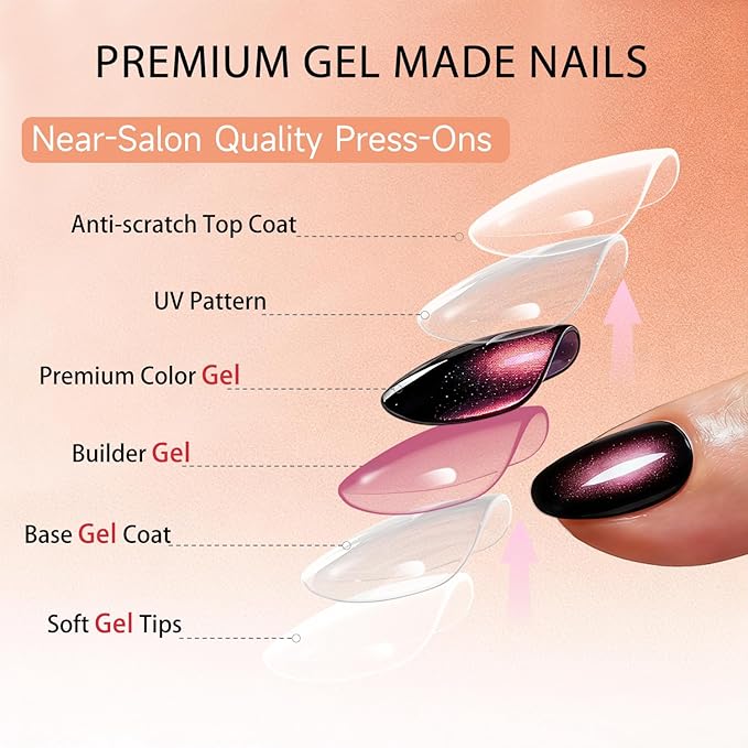 Cat Eye Press on Nails Short, Chrome Press on Nails Oval, Thick Glazed Black Baby Pink Fake Nails Press ons for Women Party Prom, Reusable Glitter Glue On Nails Almond in 15 Sizes, 30 Pcs