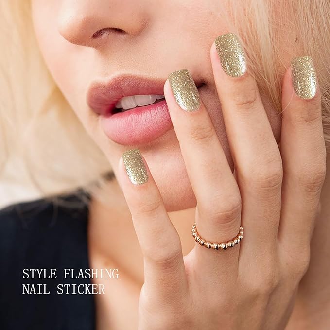 JMEOWIO Gel Nail Stickers Glitter Gold Christmas Semi Cured Gel Nail Strips Wraps UV/LED Nails Art Design Decoration Accessories