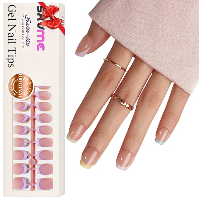 Gel French Tip Nails Short Square French Tip Press on Nails SXVME White French Nail Tips 150Pcs Pre-applied Tip Primer Natural Skin Tones Fake Nails Extensions Gel Nail Kit for Women Girls DIY