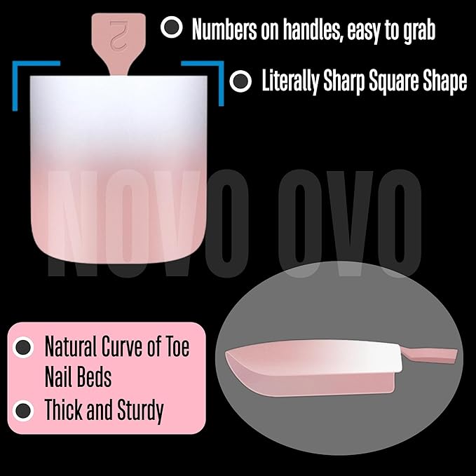 NOVO OVO Ombre French Tip Press on Toe Nail Tips, Sharp Square Pre-Designed Soft Gel False Toenail Extension, BABY PINK Pre-applied Tip Primer & Base Coat, Full Cover Acrylic DIY x 15 Sizes 240 pcs