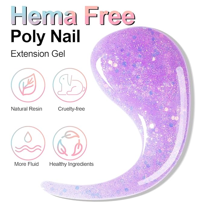 NXJ INFILILA Glitter Poly Nail Gel, Purple Colors Poly Extension Gel Nail Enhancement, Thickening Glossy Builder Home DIY Salon Use for Girls UV/LED Nail Lamp Required P12