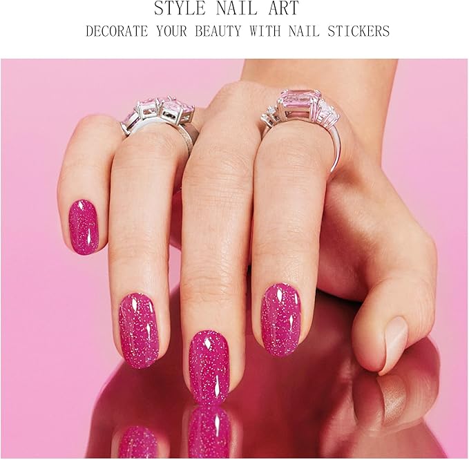 JMEOWIO Gel Nail Stickers Glitter Pink Semi Cured Gel Nail Strips Wraps UV/LED Nails Art Design Decoration Accessories