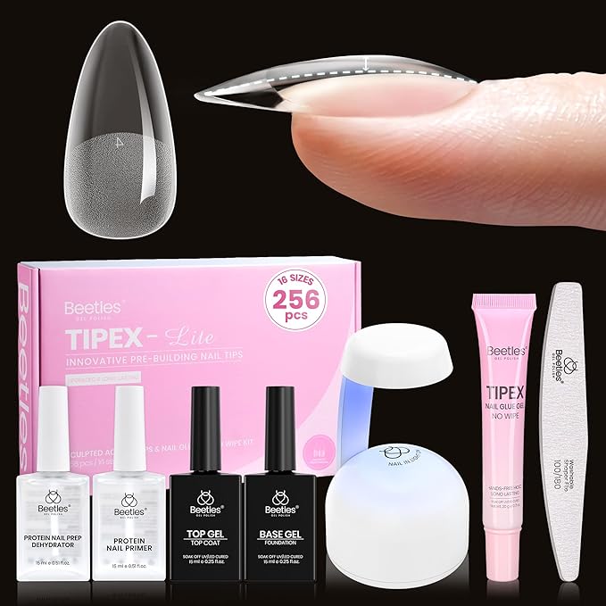Beetles Tipex Lite Nail Tips Kit with Dehydrator & Primer, Medium Almond Full Cover Clear Nails 256PCS 16 Sizes, Mini UV Lamp, 20g Solid Nail Glue, Base & Top Coat, All-in-One Nail Starter Kit