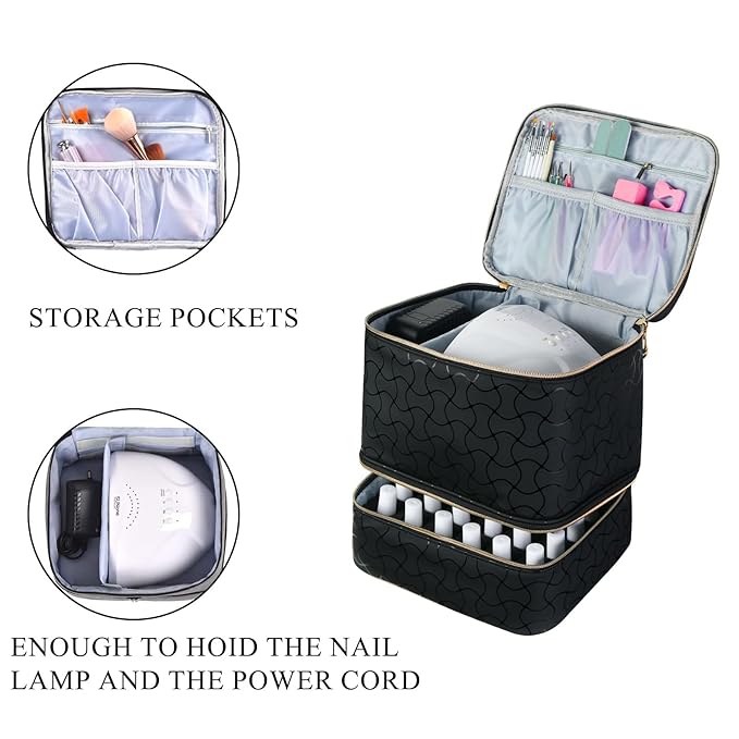 Upgraded Nail Polish Organizer Case - Holds 30 Bottles and 1 Nail Light, Double-layer Nail Bag Organzier Case Nail Polish Storage Bag with Handles (Black-HX)