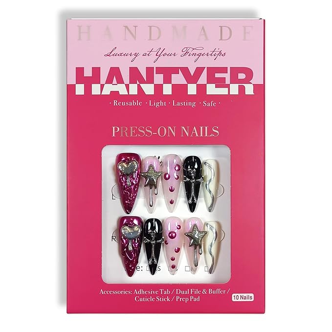10PCS Y2K Press on Nails with Tools Kit, Long Stiletto Glossy Nails in Pink & Black, Salon Nails with 3D Metal Charms (Heart/Star/Cross), Edgy Punk Style for Party-Ready & Daily Wear(Size S)