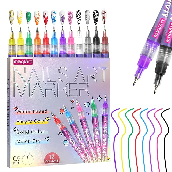 12 Colors Nail Art Pens, Fine Tips Nail Polish Pens Quick Dry, Graffiti Dotting Pen Acrylic Painted Pen Kit 3d Nail Polish Pens Drawing Painting for Diy Nails Art Design Manicure Tools