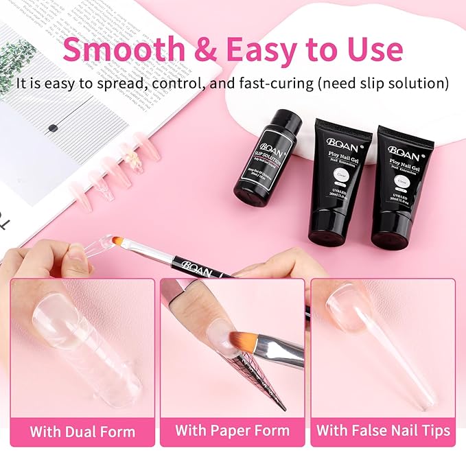 BQAN Poly Nail Gel, 2 Pcs Clear Poly Extension Gel (30ml) with Slip Solution & Brush, for Long-Lasting Nail Extensions | Builder | Salon-Quality DIY & Home Use (Clear)