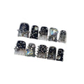 10pcs Short Duck Nails in Punk Style, Black Ombre Press on Nails with Metal Studs, Large Heart Rhinestones & Skull Charms, Reusable Gothic False Nails for Women Party Club Night (Size S)