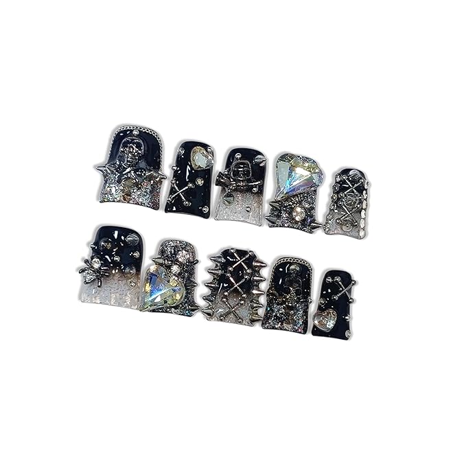 10pcs Short Duck Nails in Punk Style, Black Ombre Press on Nails with Metal Studs, Large Heart Rhinestones & Skull Charms, Reusable Gothic False Nails for Women Party Club Night (Size M)
