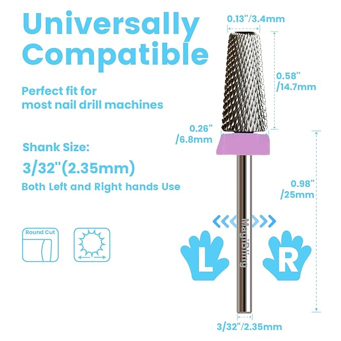 6.6mm Large Tapered Barrel 5-in-1 Nail Drill Bit, 3/32" Cross Cut Tungsten Carbide Efile Bit for Fast Gel & Acrylic Removal, Two-Way Rotation, Professional Nail Tech & Beginner Bit, Double Fine.