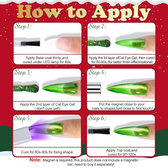 NXJ INFILILA Cat Eye Gel Nail Polish Set, 4 Colors 15ML Magnetic Nail Polish Kit - Christmas Red Green Silver Orange Glitter Gel Polish for LED/UV Lamp, DIY Home Salon Manicure Gifts for Women