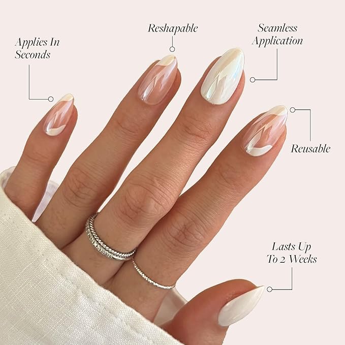 Valentines Day Glamnetic Press On Nails - Lovey Dovey | Glossy, Semi-Transparent Short Almond Nails with Abstract Accents, Salon Quality | 15 Sizes - 30 Nail Kit with Glue