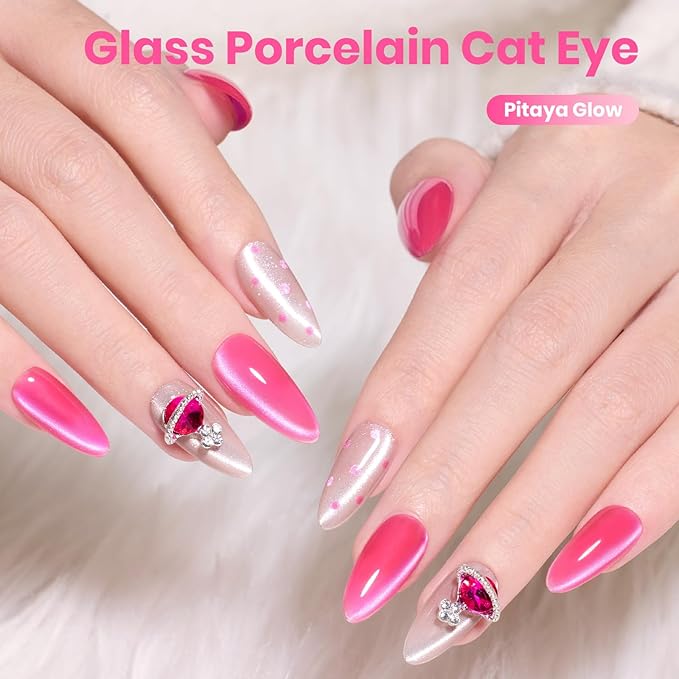 Beetles Pitaya Glow Pink Cat Eye Gel Nail Polish - 15ML Glitter Pink Cat Eye Spring Gel Polish Magnetic Shimmer Effect Soak Off UV Nail Art Design Salon DIY Manicure Gift for Women