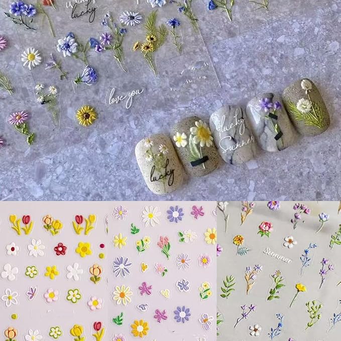 Magrace Nail Stickers for Spring 4 Sheets 5D Self-Adhesive Nail Art Decals for Women Flower Stickers Decoration