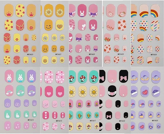 10Sheets Colorful Kid Nail Stickers Full Nail Wraps for Kids Girls Self Adhesive Nails Strips for Nail Art Decoration Fun Including Rainbow Heart Rabbit Flower Fruit Moon Sun for Age 7 and Older…