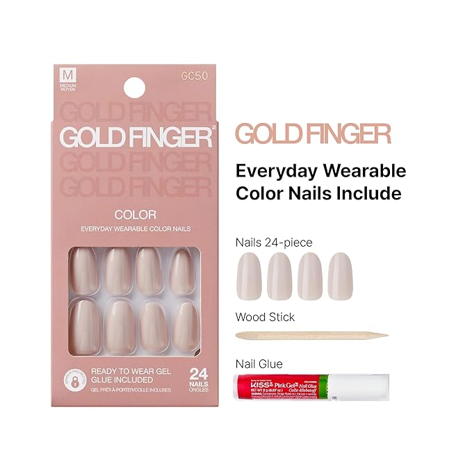 GoldFinger False Nails Kit, Ready to Wear Narual Beige Fake Nails, Manicure Stick and Glue Included, Medium Round Shape, Long-Lasting Hottest Trend Glue on Nails, Convenient & Easy to Apply