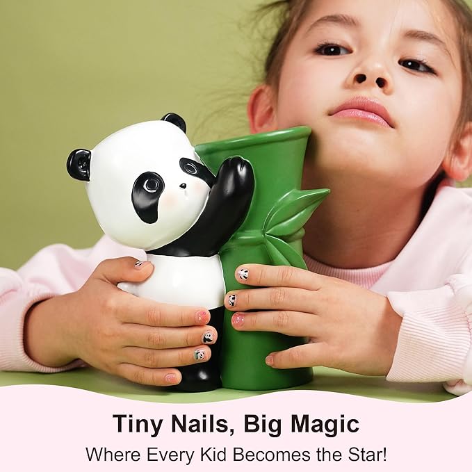 DANNI & TONI Kids Gel Nail Strips Giant Panda Bamboo Flowers Pink Ombre Salon-Quality Peel & Stick Manicure for Children (Age 6+)– Safe, Long-Lasting, Easy to Apply | Panda Pop
