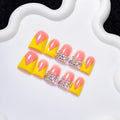 10 Pieces Luxury Y2K Acrylic Press On Nails Short Handmade Duck Nails, Yellow Thickened French False Nails With Bling Rhinestones, Reusable Fake Nails, Acrylic Nails (S)