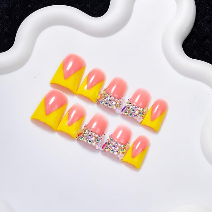 10 Pieces Luxury Y2K Acrylic Press On Nails Short Handmade Duck Nails, Yellow Thickened French False Nails With Bling Rhinestones, Reusable Fake Nails, Acrylic Nails (L)