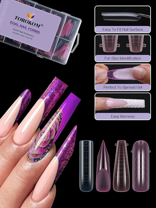TOROKOM Dual Nail Forms for Poly Nail Gel, 4 Shapes Colorful Structure Poly Nail Gel Stiletto Square Nail Molds for Builder Gel Poly Extension Gel Nail Art Design Salon&DIY, 96 PCS