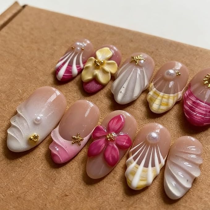 Luxury Press on Nails Medium Almond Handmade 3D Unique Reusable ABS Material Fake Nails French Tip False Nails with Designs Pink Floral Pearls Summer Glossy Glue on Nail Thick Acrylic Nail(S)