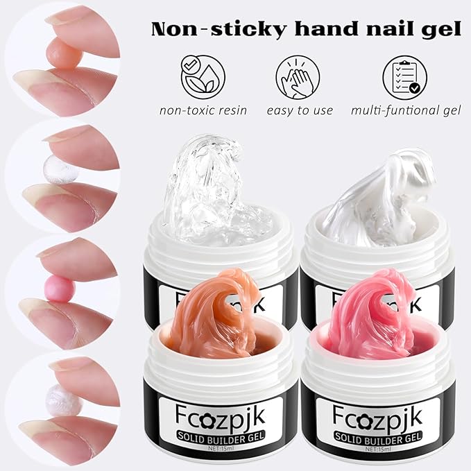 Hard Gel for Nails, 4 Colors Solid Builder Gel Kit with Silicone Carving Mold Clear Pearly White Brown Nude Pink 3D Sculpting Gels Flower Charms DIY Modeling Design Nail Salon Supplies