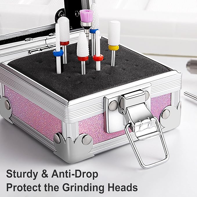 Noverlife Nail Drill Bit Holder Box, Pink 25 Holes Nail Art Polishing Grinding Drill Bit Holder Organizer Container Professional Manicure Tools