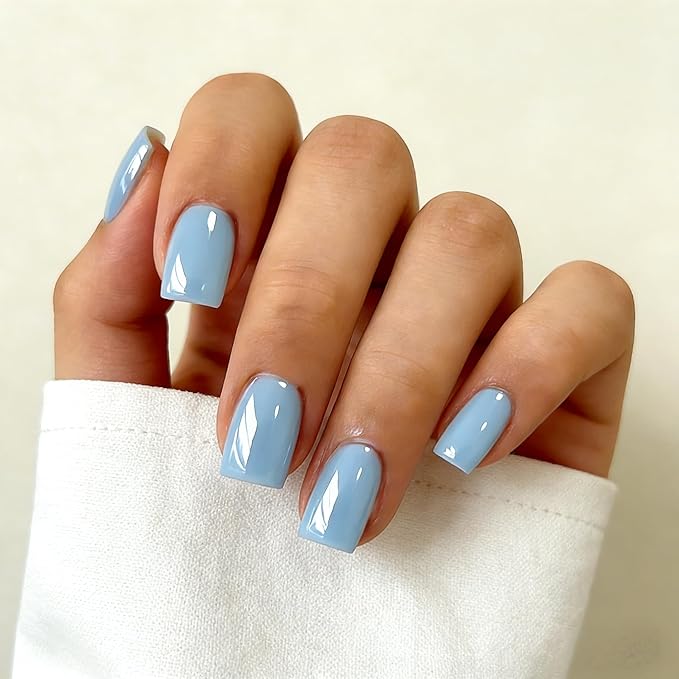 Chrome Sky Blue Press on Nails Short Square, Glazed Short Fake Nails with Sparkle Mirror Design, Shiny Glitter Glue on Nails with Glue, Cute Gel Nail Press ons for Fingernail 30 Pcs