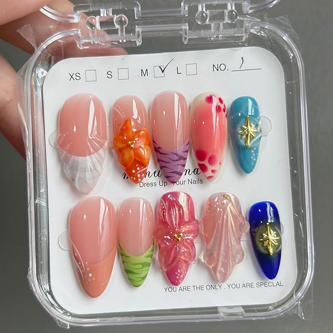 Press On Nails - Short Coffin Handmade Unique Fake Nails, Artistic Design, Thick Acrylic and Muti-Layer Gel False Nails, Reusable UV Gel Cured Sturdier 3D Fake Nails,DIY Art Decorate