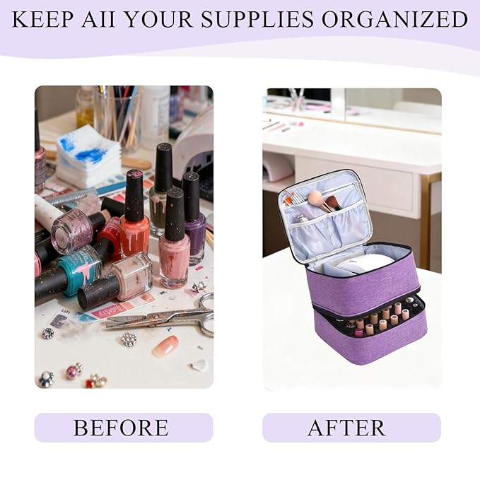 Nail Polish Organizer, Nail Polish Storage Holds 30 Bottles & Nail Lamp, Double Layer Nail Bag Organizer Case, Portable Nail Polish Holder for Nail Tech Travel & Manicure Kit